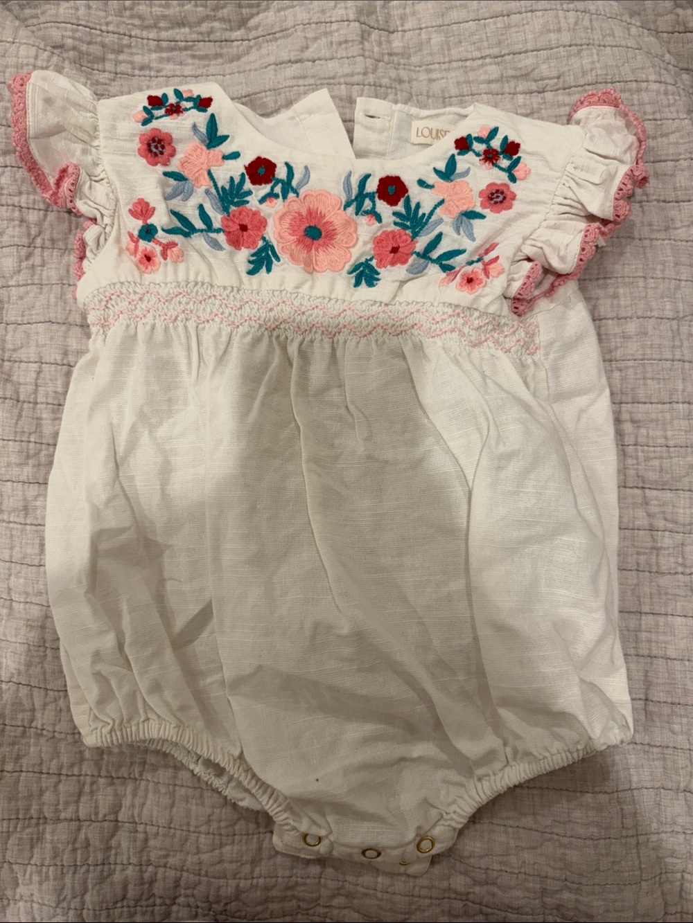 Louise Misha White Baby Romper with Pink & Teal Floral Embroidery